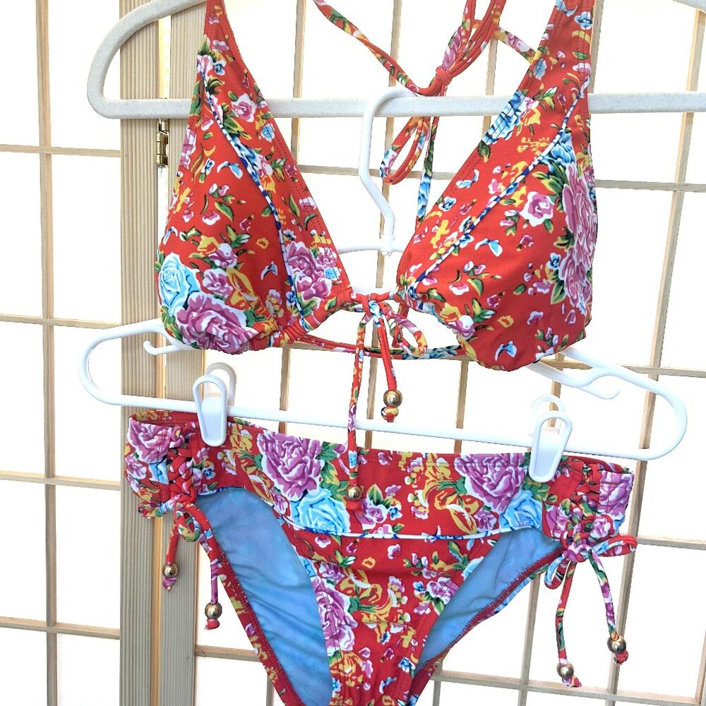 By the Beach bright coral red floral print hipster string bikini size M